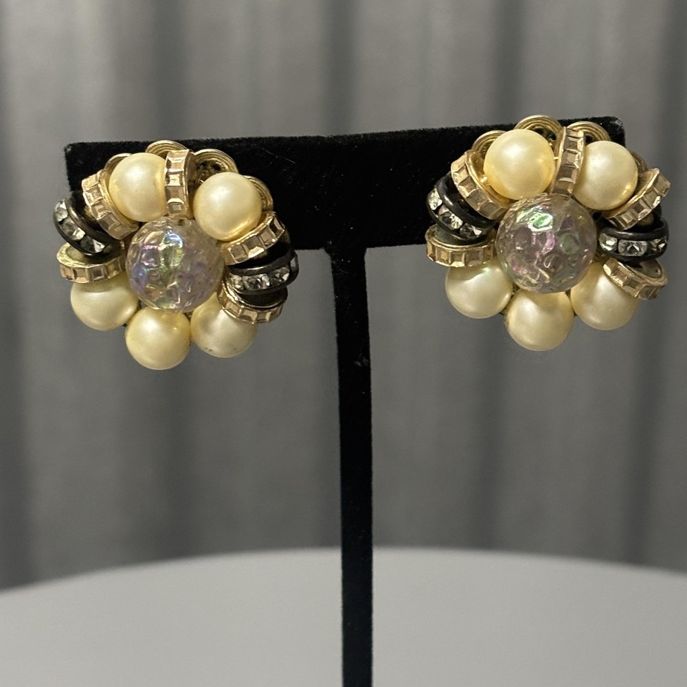 Vintage Hobé Clip-On Earrings Gold Tone Faux Pearl Rhinestone AB Round Cluster